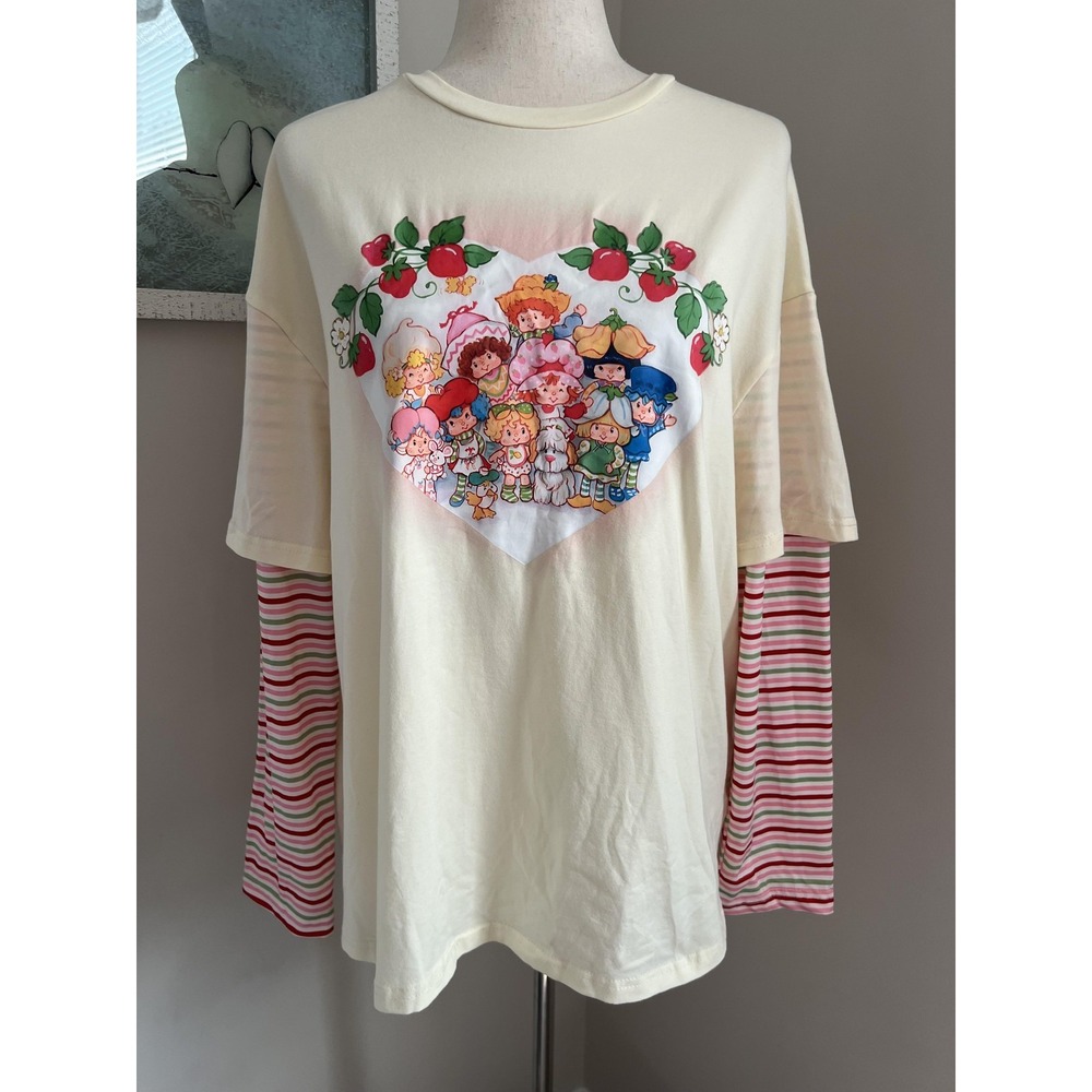 Strawberry Shortcake Shirt Womens Medium Stripe Long Sleeve Graphic Tee Kawaii
